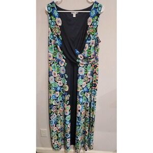 London Style Collection Faux Wrap Navy Floral Dress Maxi Sleeveless Plus Size 1X